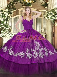 V-neck Sleeveless Zipper Quinceanera Gowns Fuchsia Taffeta