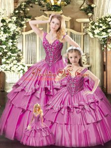 Free and Easy Floor Length Fuchsia Sweet 16 Quinceanera Dress Organza Sleeveless Beading and Ruffled Layers