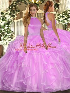 Attractive Ball Gowns Sweet 16 Dresses Lilac Halter Top Organza Sleeveless Floor Length Backless