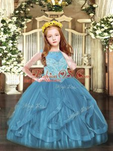 New Arrival Floor Length Teal Little Girls Pageant Dress Scoop Sleeveless Zipper