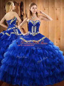 Graceful Blue Sweetheart Neckline Embroidery and Ruffled Layers Quinceanera Dress Sleeveless Lace Up
