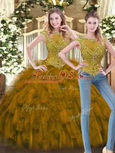 Brown Zipper Scoop Beading and Ruffles Vestidos de Quinceanera Tulle Sleeveless