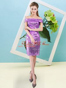 Simple Lilac Sequined Zipper Prom Dress Short Sleeves Mini Length Sequins