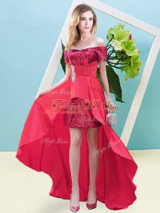 New Style High Low Coral Red Prom Dress Off The Shoulder Long Sleeves Lace Up