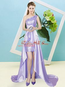 Vintage Lavender Lace Up One Shoulder Sequins Prom Gown Elastic Woven Satin and Sequined Sleeveless