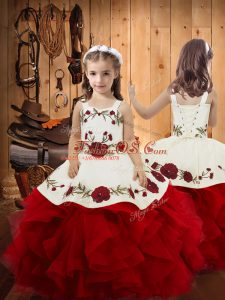 Wine Red Ball Gowns Straps Sleeveless Satin and Tulle Floor Length Lace Up Embroidery and Ruffles Little Girls Pageant Dress