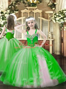 Floor Length Green Little Girl Pageant Gowns Tulle Sleeveless Beading