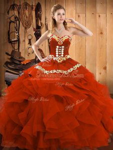 Designer Rust Red Sleeveless Embroidery and Ruffles Floor Length Sweet 16 Dress