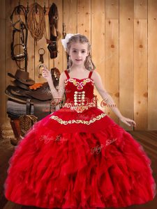 Red Organza Lace Up Straps Sleeveless Floor Length Kids Pageant Dress Embroidery and Ruffles