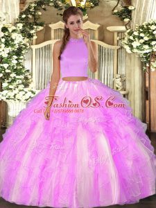 Enchanting Lilac Halter Top Backless Beading and Ruffles Sweet 16 Dresses Sleeveless