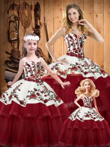 Floor Length Wine Red Sweet 16 Dresses Satin and Organza Sleeveless Embroidery and Ruffled Layers