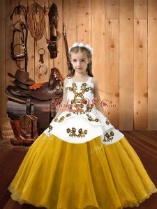 New Arrival Gold Lace Up Straps Embroidery Girls Pageant Dresses Organza Sleeveless