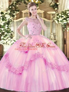 Floor Length Rose Pink Quinceanera Gown Tulle Sleeveless Beading and Appliques