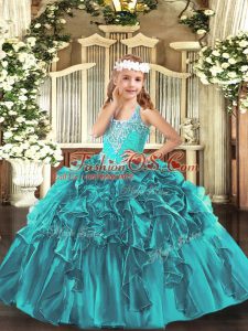 Admirable Teal Organza Lace Up V-neck Sleeveless Floor Length Evening Gowns Beading and Ruffles