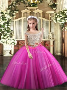 Off The Shoulder Sleeveless Kids Formal Wear Floor Length Beading Fuchsia Tulle