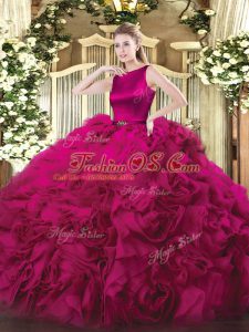 Custom Fit Fuchsia Fabric With Rolling Flowers Clasp Handle Scoop Sleeveless Floor Length Vestidos de Quinceanera Belt