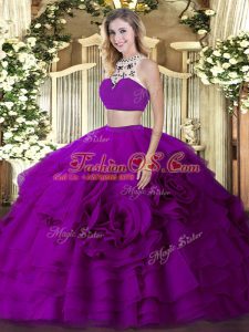Excellent Fuchsia Backless High-neck Beading and Ruffled Layers Quinceanera Dresses Tulle Sleeveless