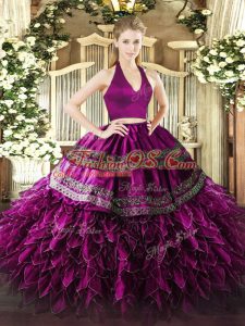 Admirable Halter Top Sleeveless Organza 15th Birthday Dress Appliques and Ruffles Zipper