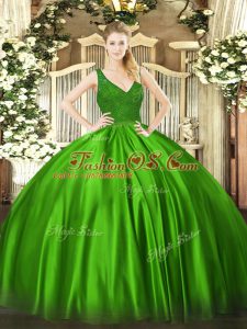 Sleeveless Satin Floor Length Backless Quinceanera Gown in Green with Beading and Lace