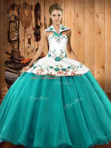 Glamorous Embroidery Sweet 16 Dress Turquoise Lace Up Sleeveless Floor Length