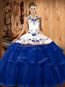Fabulous Sleeveless Organza Sweep Train Lace Up 15 Quinceanera Dress in Blue with Embroidery and Ruffled Layers
