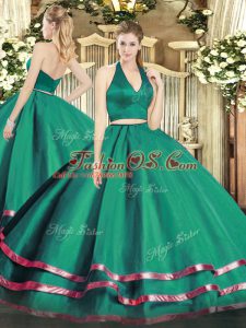 Dark Green Sleeveless Floor Length Ruffled Layers Zipper Quinceanera Gown