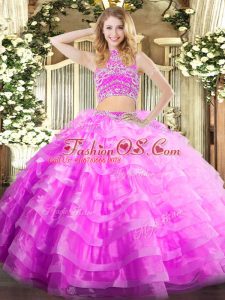Clearance Sleeveless Tulle Floor Length Backless Ball Gown Prom Dress in Lilac with Beading and Ruffled Layers