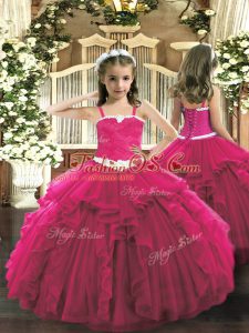 Floor Length Hot Pink Girls Pageant Dresses Tulle Sleeveless Appliques and Ruffles