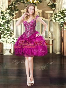 High Quality Fuchsia V-neck Lace Up Beading and Ruffles Prom Dress Sleeveless