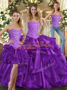 Suitable Eggplant Purple Sleeveless Floor Length Beading and Ruffles Lace Up Quinceanera Dress