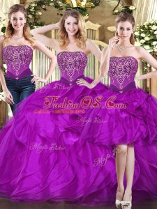 Fuchsia Ball Gowns Tulle Strapless Sleeveless Beading and Ruffles Floor Length Lace Up Quinceanera Dress