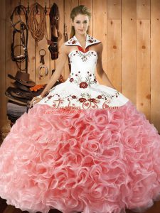 Fancy Sleeveless Floor Length Embroidery Lace Up 15 Quinceanera Dress with Watermelon Red