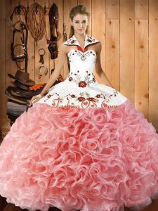 Fancy Sleeveless Floor Length Embroidery Lace Up 15 Quinceanera Dress with Watermelon Red
