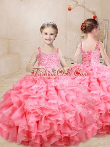 Floor Length Watermelon Red Little Girls Pageant Dress Organza Sleeveless Beading and Ruffles