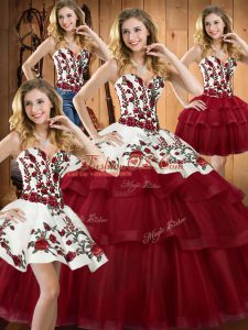 Wine Red Sweetheart Lace Up Embroidery Vestidos de Quinceanera Sweep Train Sleeveless