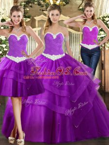New Arrival Purple Three Pieces Appliques Quinceanera Gowns Lace Up Organza Sleeveless Floor Length