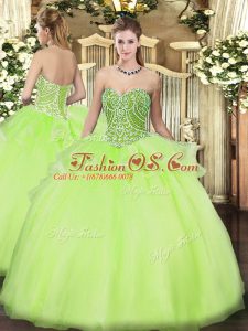 Sleeveless Floor Length Beading and Ruffles Lace Up Ball Gown Prom Dress with Yellow Green