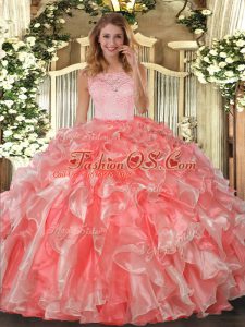 High Class Coral Red Scoop Neckline Lace and Ruffles 15th Birthday Dress Sleeveless Clasp Handle