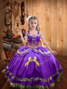 Lavender Off The Shoulder Neckline Beading and Embroidery Girls Pageant Dresses Sleeveless Lace Up