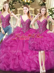 Fuchsia Sleeveless Organza Lace Up Sweet 16 Dresses for Military Ball and Sweet 16 and Quinceanera