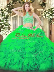 Exceptional Green Two Pieces Tulle High-neck Sleeveless Beading and Ruffles Floor Length Backless Sweet 16 Dress