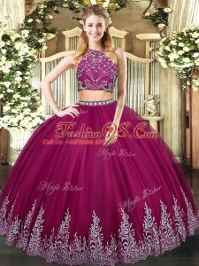 New Style Fuchsia Two Pieces Beading and Appliques Ball Gown Prom Dress Zipper Tulle Sleeveless Floor Length