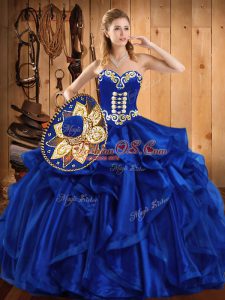 Royal Blue Organza Lace Up Sweetheart Sleeveless Floor Length Vestidos de Quinceanera Embroidery and Ruffles
