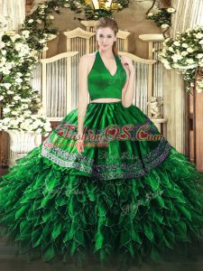 Pretty Sleeveless Floor Length Appliques and Ruffles Zipper Ball Gown Prom Dress with Dark Green