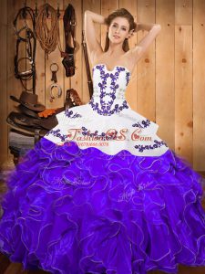 High Quality Strapless Sleeveless Sweet 16 Quinceanera Dress Floor Length Embroidery and Ruffles White And Purple Satin and Organza
