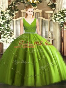 Decent Olive Green Zipper V-neck Beading Quince Ball Gowns Tulle Sleeveless
