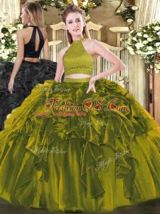 Custom Made Olive Green Organza Backless Ball Gown Prom Dress Sleeveless Floor Length Beading and Ruffles