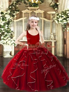Wine Red Sleeveless Floor Length Beading and Ruffles Zipper Child Pageant Dress