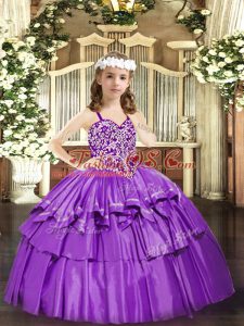 Lovely Lilac Pageant Dresses Party and Quinceanera with Beading and Ruffled Layers Straps Sleeveless Lace Up