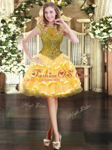 Sumptuous Gold Homecoming Dress Prom and Party with Beading and Ruffled Layers Scoop Cap Sleeves Zipper